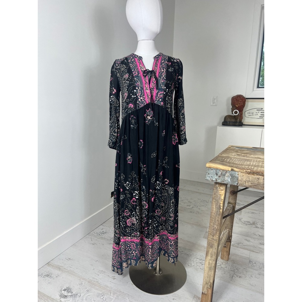 Free People Black Maxi Dress with Pink Floral Trim